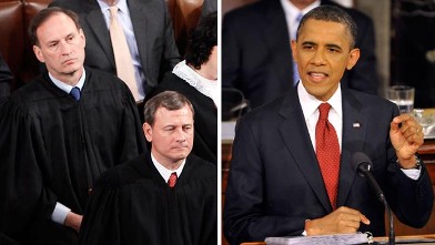 PHOTO: U.S. Supreme Court Justices, left, listen during U.S. President Barack Obama's State of the Union address, right, at the U.S. Capitol on Jan. 27, 2010.