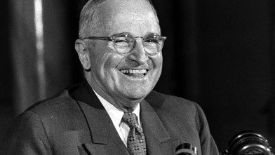 PHOTO: Former President of the United States Harry S Truman is seen at a press conference in the Savoy Hotel in London in this June 30, 1956 file photo.