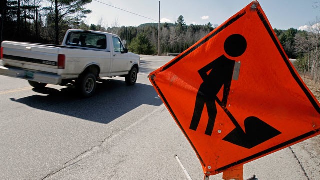 PHOTO: A road work sign sits along Route 2 in East Montpelier, Vt., March 21, 2012.