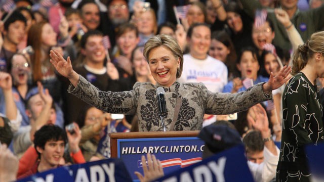 PHOTO: Democratic presidential hopeful and New York Senator Hillary Clinton celebrates her victory in the state primary, Manchester, New Hampshire, Jan. 8, 2008.