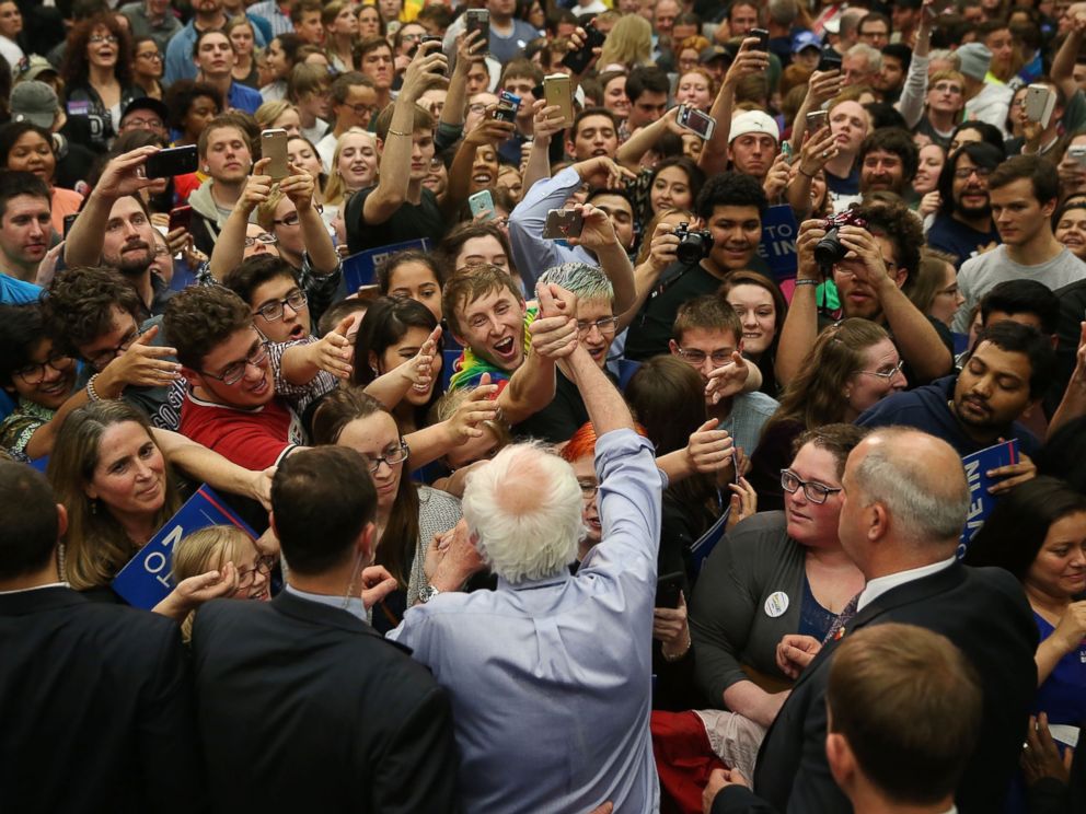 PHOTO: Presidential candidate Bernie Sanders shakes hands with people during a campaign rally at the Century Center on May 1, 2016 in South Bend, Indiana.
