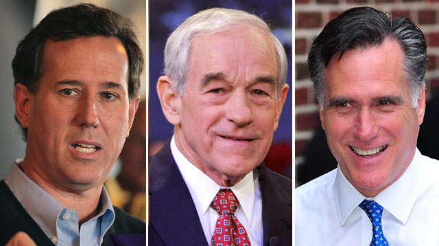 PHOTO: Republican presidential candidates Rick Santorum, Ron Paul, and Mitt Romeny, are shown.