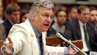 PHOTO: Rep. James Traficant, D-Ohio, testifies at a hearing of the House Ethics Committee. The Committee found Traficant guilty of 9 counts violating House rules and recommended expulsion from Congress, July 18, 2002.
