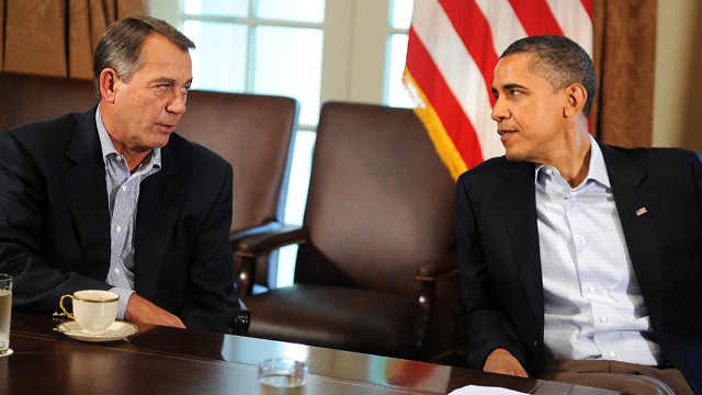 PHOTO: President Barack Obama speaks with Speaker of the House John Boehner during a meeting at the White House in Wash., DC, in this July 23, 2011 file photo.