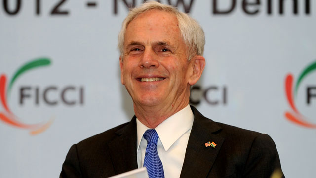PHOTO: US Commerce Secretary John Bryson gestures at a function in New Delhi on March 26, 2012.