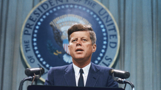 PHOTO: US President John F. Kennedy addresses a press conference, circa 1963.