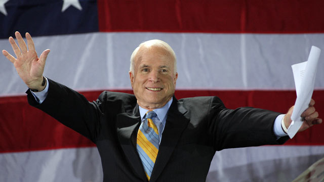 PHOTO: Arizona Senator and Republican presidential hopeful John McCain celebrates his victory in the Florida Republican Presidential Primary in this Jan. 29, 2008 file photo in Miami, FL.