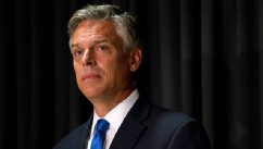 PHOTO: Jon Huntsman waits to give an address on foreign policy at Southern New Hampshire University, October 10, 2011 in Manchester, N.H.