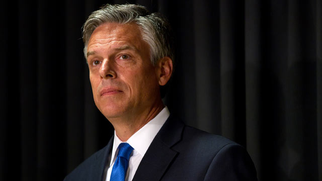PHOTO: Jon Huntsman waits to give an address on foreign policy at Southern New Hampshire University, October 10, 2011 in Manchester, N.H.