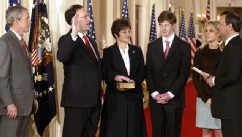 PHOTO: Ceremorial swearing-in for cameras at White House, for Supreme Court's newest justice, Samuel A. Alito Jr. Chief Justice John Roberts, right, swears-in Samuel Alito during ceremony in the East Room.