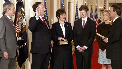 PHOTO: Ceremorial swearing-in for cameras at White House, for Supreme Court's newest justice, Samuel A. Alito Jr. Chief Justice John Roberts, right, swears-in Samuel Alito during ceremony in the East Room.