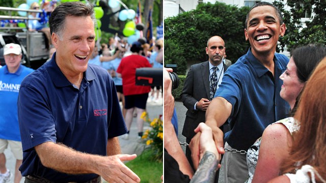 PHOTO: Left, Republican presidential candidate Mitt Romney and U.S. President and Democrat candidate Barack Obama are seen at Independence Day celebrations, July 4, 2011.