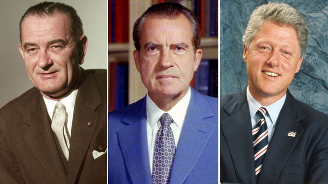 PHOTO: Portraits of American Presidents Lyndon B. Johnson, Richard Nixon and Bill Clinton are seen here.