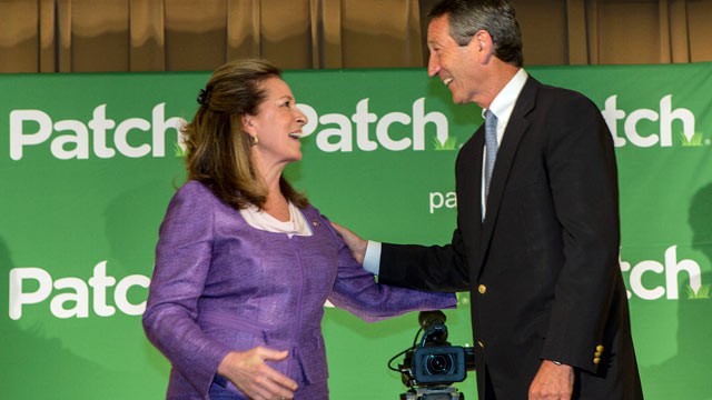 PHOTO: Republican candidate for the open Congressional seat of South Carolina, Former South Carolina Governor Mark Sanford, greets U.S. House of Rep. Democratic candidate for the state of South Carolina Elizabeth Colbert Busch following their debate at th