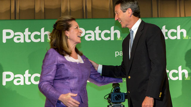 PHOTO: Republican candidate for the open Congressional seat of South Carolina, Former South Carolina Governor Mark Sanford, greets U.S. House of Rep. Democratic candidate for the state of South Carolina Elizabeth Colbert Busch following their debate at th