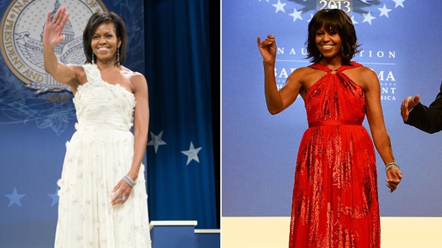 PHOTO: U.S. first lady Michelle Obama waves at the Southern Regional Inaugural Ball at the DC Armory in Washington, DC, early January 21, 2009; U.S. first lady Michelle Obama arrives for The Inaugural Ball at the Walter E. Washington Convention Center, Ja