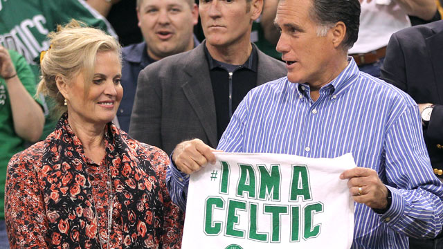 PHOTO: Republican presidential candidate Mitt Romney and his wife Ann are seen before the start of a game between the Boston Celtics and the Atlanta Hawks during the 2012 NBA Playoffs, May 6, 2012, TD Garden, Boston.
