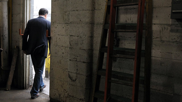 PHOTO: Republican presidential candidate, former Massachusetts Gov. Mitt Romney walks out of a door after he toured a manufacturing facility following a campaign rally at American Posts on February 29, 2012 in Toledo, Ohio.