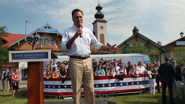 PHOTO: Republican presidential candidate Mitt Romney speaks during a campaign event at a rally in front of the Bavarian Inn Lodge on June 19, 2012 in Frankenmuth, Michigan.