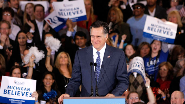 PHOTO: Republican Presidential Candidate, former Massachusetts Gov. Mitt Romney greets supporters at Surburban Collection Showcase after winning both the Michigan and Arizona primaries, Feb. 28, 2012 in Novi, Michigan.