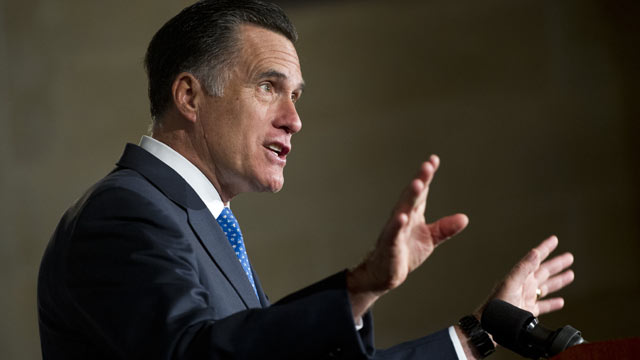 PHOTO: Republican Presidential hopeful Mitt Romney speaks at the Latino Coalition's 2012 Small Business Summit Luncheon at the US Chamber of Commerce in Washington, DC, May 23, 2012.