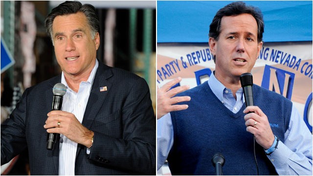 PHOTO: Former Mass. Gov. Mitt Romney speaks during a campaign rally at Brady Industries Feb. 1, 2012 in Las Vegas, Nevada. | Former U.S. Sen. Rick Santorum speaks during a town hall meeting, Jan. 31, 2012 in Las Vegas, Nevada.