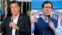 PHOTO: Former Mass. Gov. Mitt Romney speaks during a campaign rally at Brady Industries Feb. 1, 2012 in Las Vegas, Nevada. | Former U.S. Sen. Rick Santorum speaks during a town hall meeting, Jan. 31, 2012 in Las Vegas, Nevada.