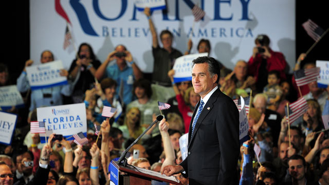 PHOTO: Republican presidential hopeful Mitt Romney addresses a primary election night event in Tampa, Florida, January 31, 2012 after trouncing main rival Newt Gingrich in Floridas Republican primary.