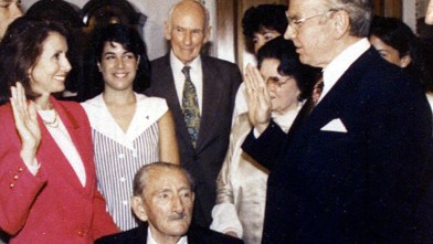 PHOTO: Jim Wright administers the oath of office to Nancy Pelosi, June 9, 1978 as her father, Thomas D'Alesandro Jr., in wheelchair, and others look on.