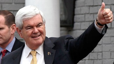 PHOTO: Newt Gingrich gives a thumbs up sign to supporters after speaking to the Vestavia Hills Chamber of Commerce at the Vestavia Hills Country Club March 13, 2012 in Birmingham, Alabama.