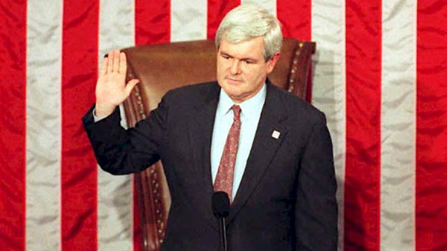 PHOTO: Congressman Newt Gingrich is sworn in as the first Republican Speaker of the House in 40 years during the opening session of the 104th US Congress in Washington DC, in this Jan. 4, 1995 file photo.