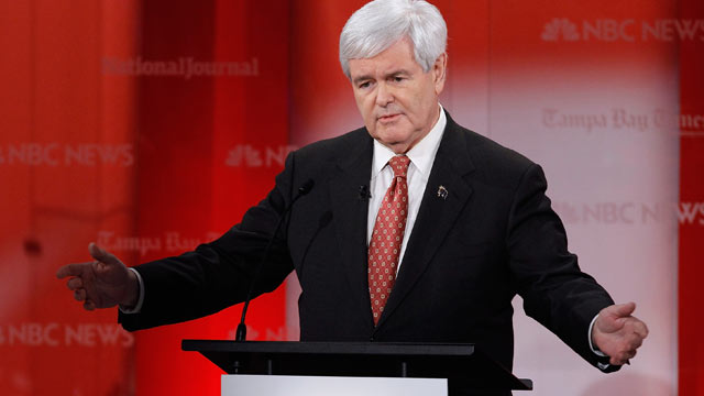 PHOTO: Newt Gingrich makes a point as he participates in the NBC News, National Journal, Tampa Bay Times debate held at the University of South Florida on Jan. 23, 2012 in Tampa, Florida.