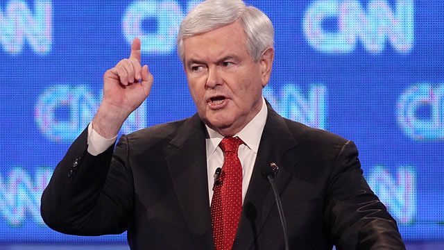 PHOTO: Republican presidential candidate former Speaker of the House Newt Gingrich, makes a point during the opening question of a debate at the North Charleston Coliseum Jan. 19, 2012 in Charleston, South Carolina.