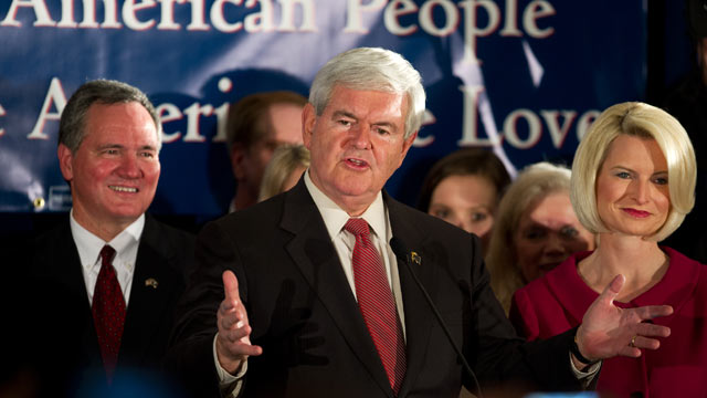 PHOTO: Republican presidential hopeful former Speaker Newt Gingrich acknowledges his South Carolina Republican Primary win at election night headquarters January 21, 2012 in Columbia, South Carolina.