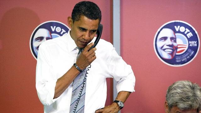 PHOTO: Barack Obama speaks on the phone at a campaign office in this file photo dated November 4, 2008 in Indianapolis, Indiana.