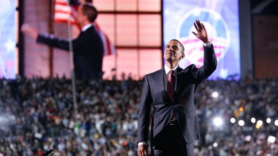 PHOTO: Democratic presidential nominee U.S. Senator Barack Obama speaks to the crowd gathered at Invesco Field on the final night of the Democratic National Convention.