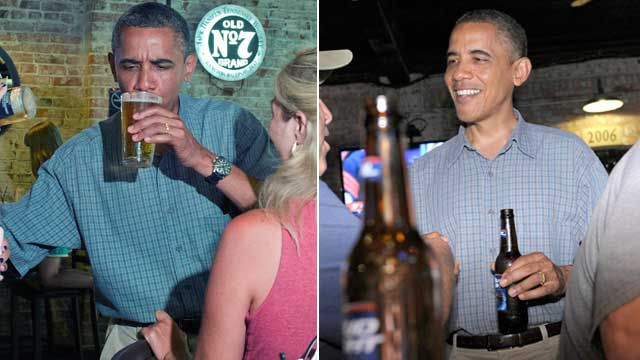 PHOTO: President Barack Obama was given a Miller Lite Draft beer to drink (left)and then was seen later drinking a Bud Lite (right) at Ziggys Pub and Restaurant Amherst, Ohio, July 5, 2012.