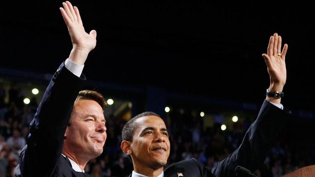 PHOTO: Democratic presidential hopeful Sen. Barack Obama, right, and John Edwards wave during a rally at Van Andel Arena, May 14, 2008 in Grand Rapids, MI.