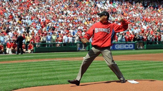 PHOTO: U.S. President Barack Obama throws out the ceremonial first pitch prior to the Opening Day game between the Philadelphia Phillies and the Washington Nationals at Nationals Park in this April 5, 2010 file photo in Washington, DC.