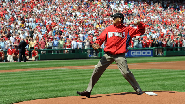 PHOTO: U.S. President Barack Obama throws out the ceremonial first pitch prior to the Opening Day game between the Philadelphia Phillies and the Washington Nationals at Nationals Park in this April 5, 2010 file photo in Washington, DC.