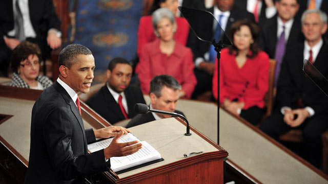 PHOTO: US President Barack Obama delivers his annual State of the Union Address before a joint session of Congress and the Supreme Court, Jan. 24, 2012 on Capitol Hill in Washington, DC.