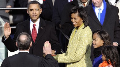 PHOTO: Barack Obama is sworn in as the 44th US president by Supreme Court Chief Justice John Roberts in front of the Capitol in Washington, Jan. 20, 2009.