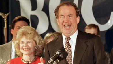PHOTO: Republican presidential candidate Pat Buchanan laughs as he declares victory at his election night rally at the Courtyard Banquet Facility in Manchester  Feb. 20, 1996 during the New Hampshire Primary.