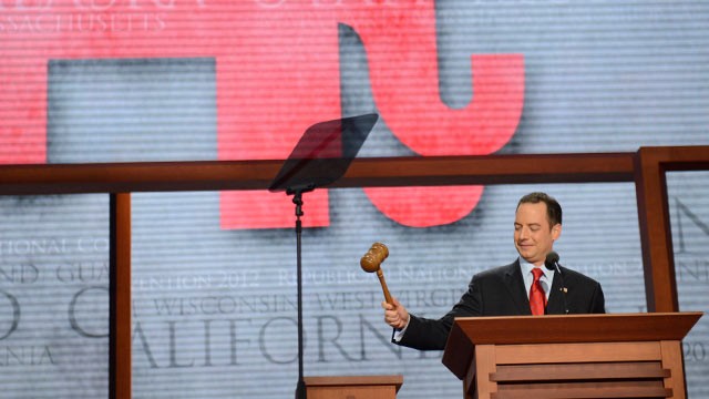PHOTO: Republican National Committee Chairman Reince Priebus gavels open the RNC convention at the Tampa Bay Times Forum in Tampa, Florida, Aug. 28, 2012.