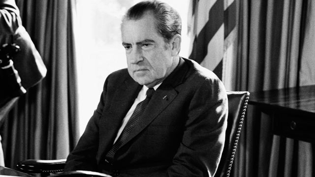 PHOTO: President Richard Nixon sits at his desk in the oval office of the White House, Sept. 16, 1974.