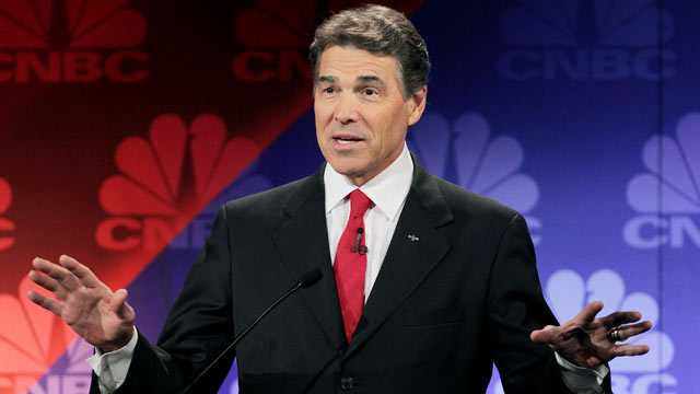 PHOTO: Texas Gov. Rick Perry speaks during a debate hosted by CNBC and the Michigan Republican Party at Oakland University on Nov. 9, 2011 in Rochester, Michigan.