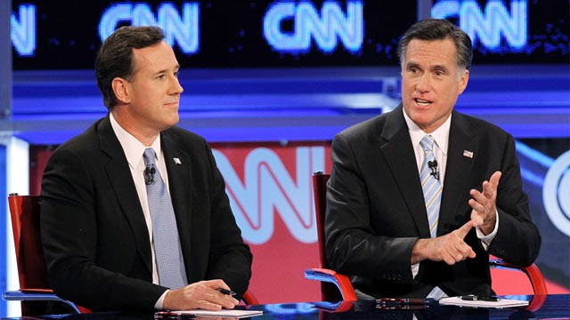 PHOTO: Rick Santorum and Mitt Romney