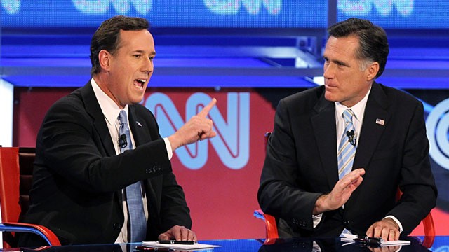 PHOTO: Rick Santorum and Mitt Romney