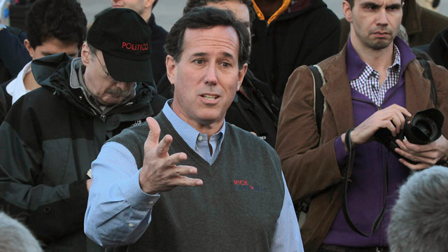 PHOTO: Republican presidential candidate former U.S. Senator Rick Santorum (R-PA) speaks outside the Pella Public Library during a campaign stop, Pella, Iowa, Dec. 31, 2011.