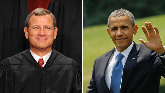 PHOTO: Chief Justice John Roberts smiles for the cameras as the nine members of the Supreme Court pose for a new group photograph October, 08, 2010 in Washington, DC.; President Barack Obama walks across the South Lawn before boarding Marine One and depar